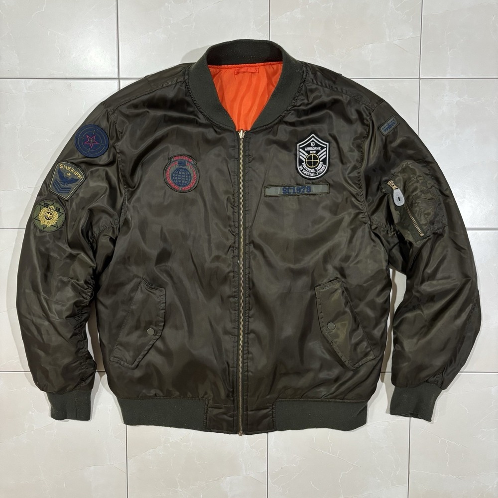 Swiss Cross Mens Olive Green Military Patch Flight Bomber Jacket XL Reversible